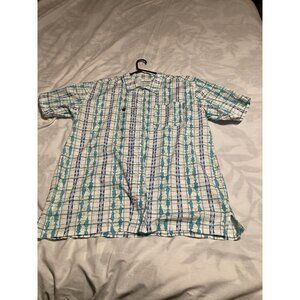 Columbia Short-Sleeve Vented PFG White with Blue/Green/Yellow Stripes & Fish